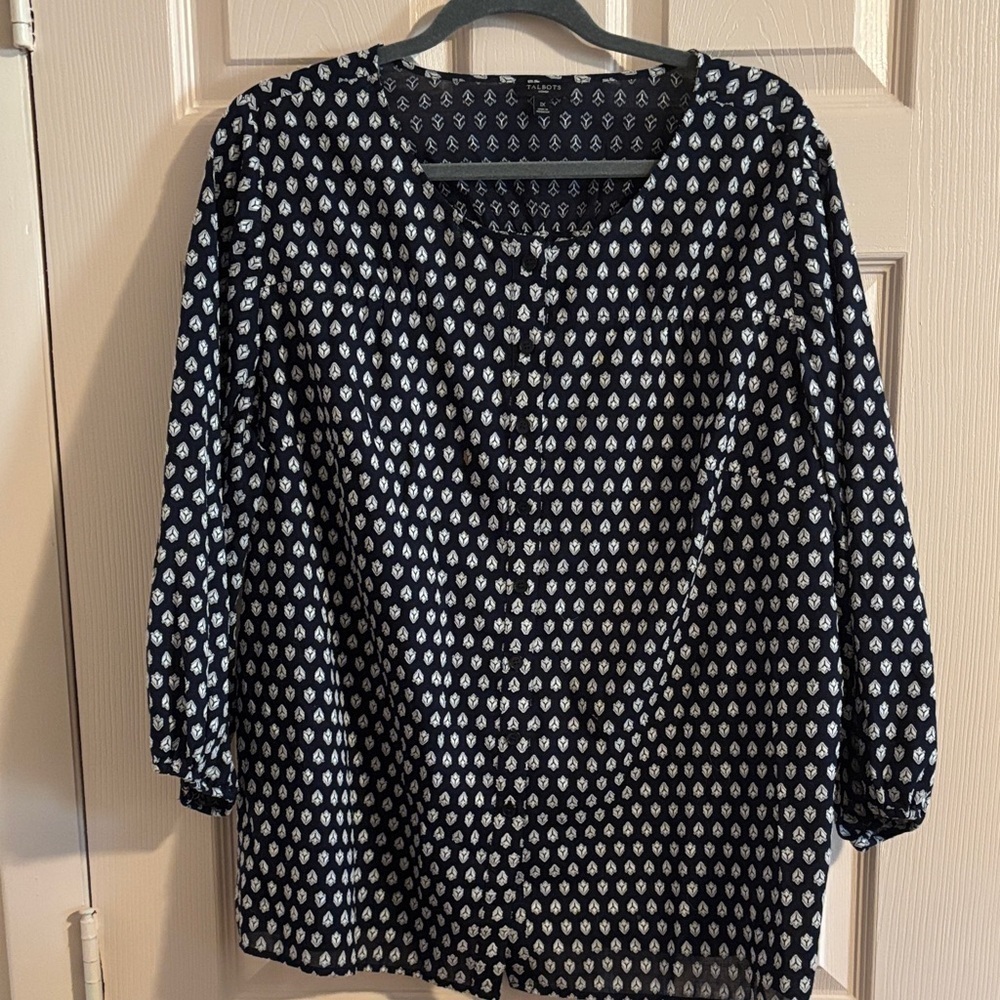 Talbots Navy and White Blouse